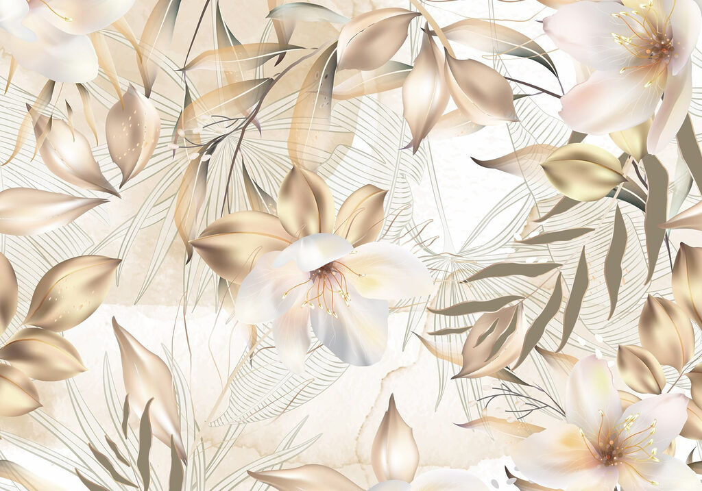 Flori tropicale, contur auriu — design complet