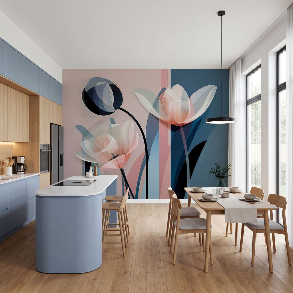 Flori roz, blocuri colorate într-un interior