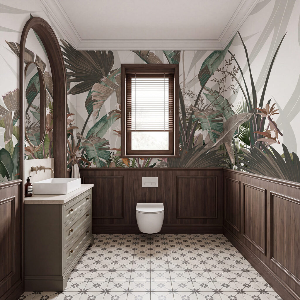 Frunze tropicale în gravură într-un interior